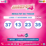 JACKPOT 4 : Tirage de 00h du 17 Novembre 2025