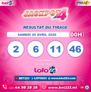 JACKPOT 4 : Tirage de 00h du 25 Avril 2026