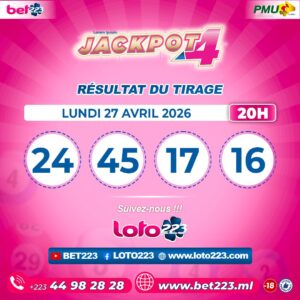 JACKPOT 4 : Tirage de 20h du 27 Avril 2026