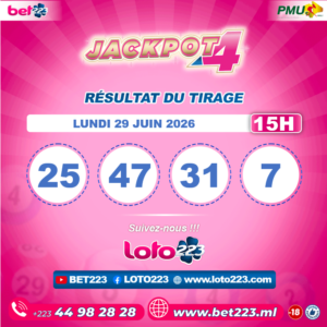 JACKPOT 4 : Tirage de 15h du 29 Juin 2026